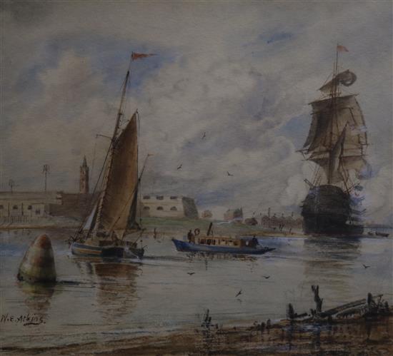 William Edward Atkins, watercolour, shipping in an estuary, signed, 16 x 18cm